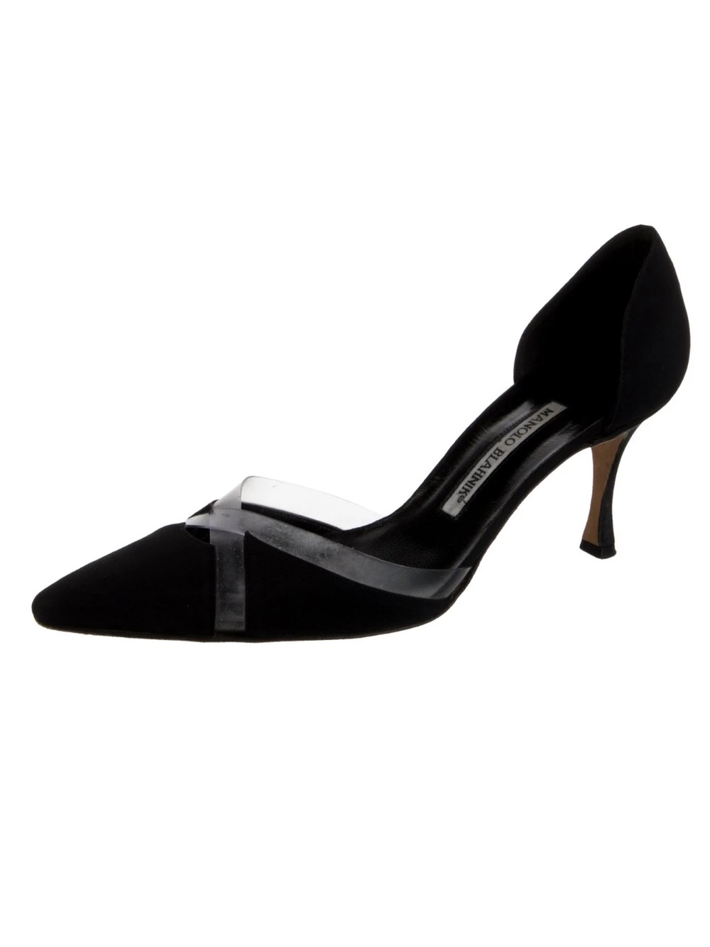 Manolo Blahnik Black Pointed D'Orsay Pump with Clear PVC Cross Strap